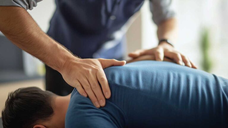 A person performing gentle stretches on a living room mat with supportive pillows and soft lighting nearby.
