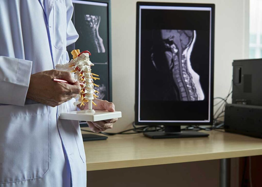 Chiropractor assessing a seated adult’s neck and shoulder movement in a bright examination room.